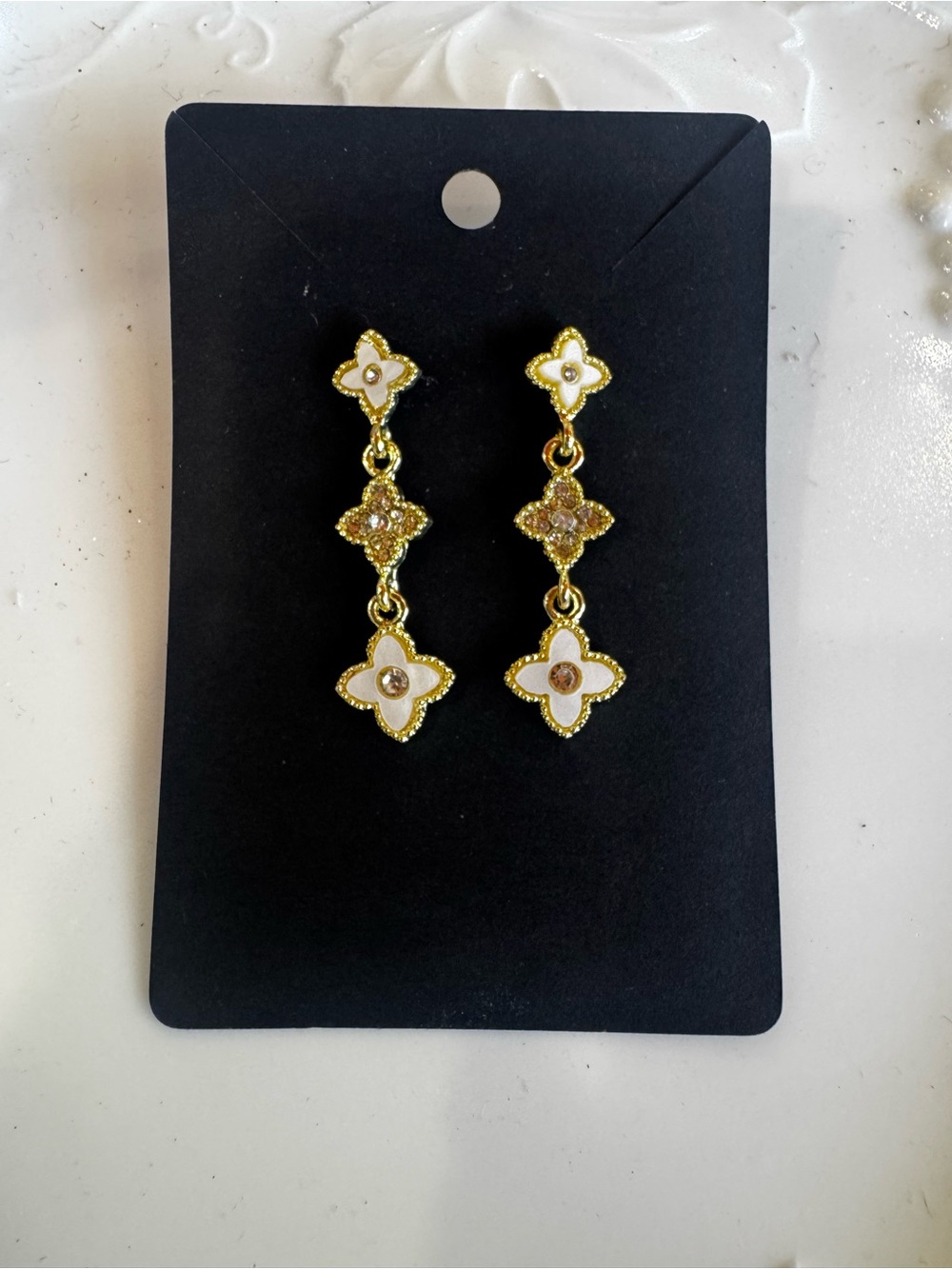 Gold and White Floral Drop Earrings - Women Jewelry